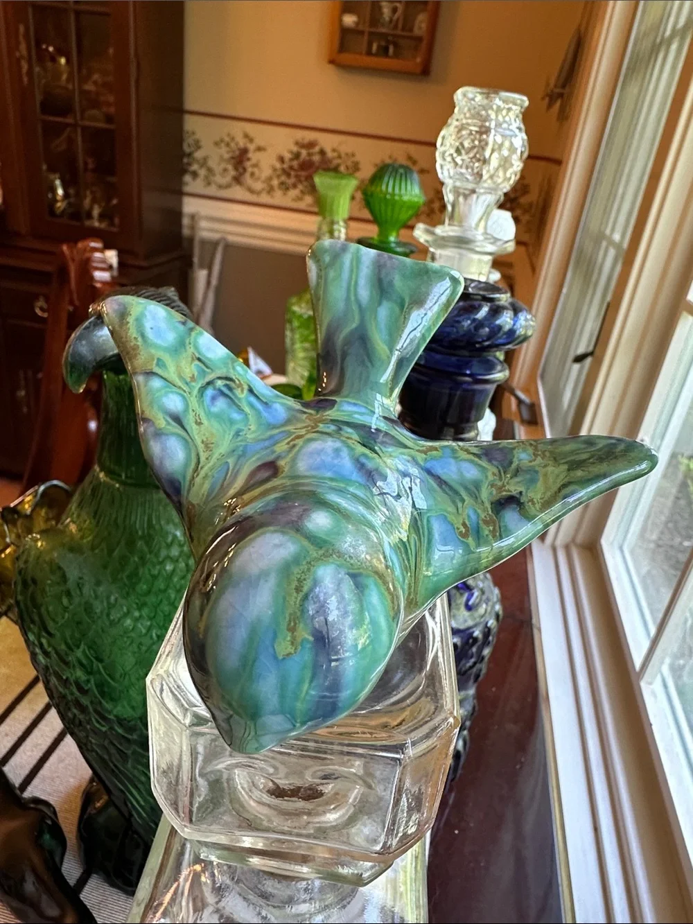 1960s Monterey Jade pottery bird w/green, blue drip glaze